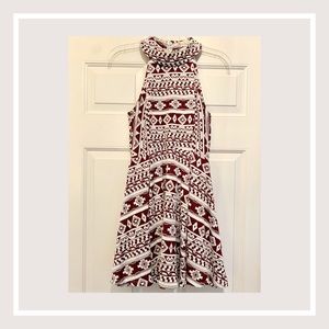 Crimson and white, stretchy knit dress.